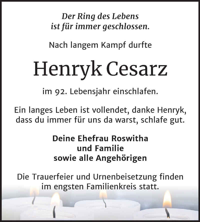  Traueranzeige für Henryk Cesarz vom 31.03.2020 aus Mitteldeutsche Zeitung Köthen