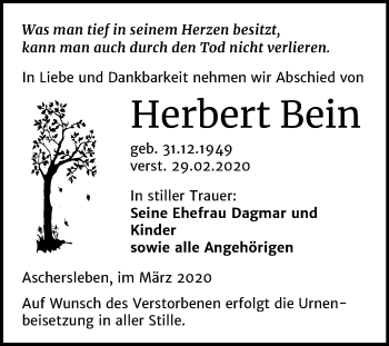 Traueranzeige von Herbert Bein von Super Sonntag Aschersleben
