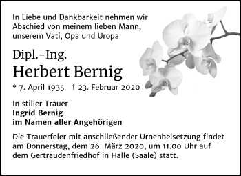 Traueranzeige von Herbert Bernig von Mitteldeutsche Zeitung Halle/Saalkreis