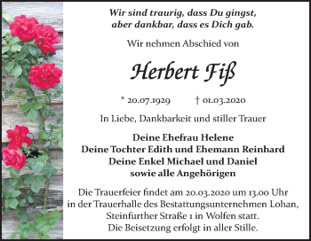 Traueranzeige von Herbert Fiß von Wochenspiegel Bitterfeld