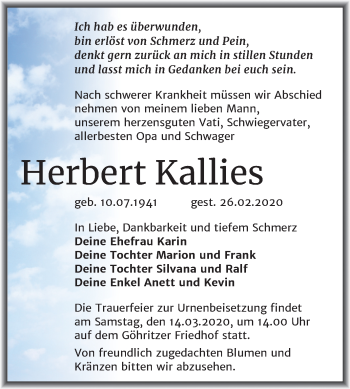 Traueranzeige von Herbert Kallies von Super Sonntag Merseburg/Querfurt