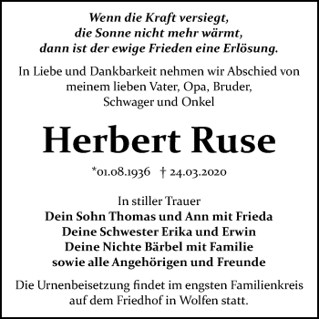 Traueranzeige von Herbert Ruse von Mitteldeutsche Zeitung Bitterfeld