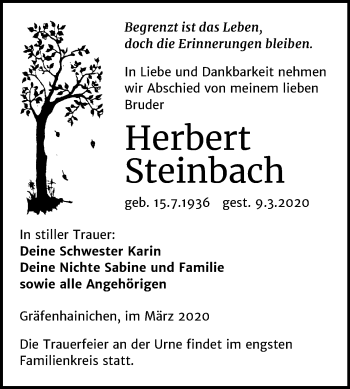 Traueranzeige von Herbert Steinbach von Super Sonntag Wittenberg