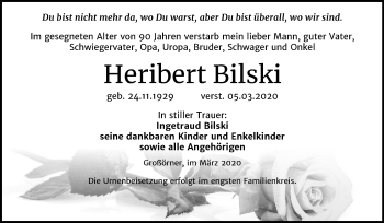 Traueranzeige von Heribert Bilski von Super Sonntag Mansfelder Land