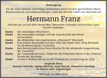 Traueranzeige von Hermann Franz von Mitteldeutsche Zeitung Aschersleben / Mansfelder Land / Quedlinburg