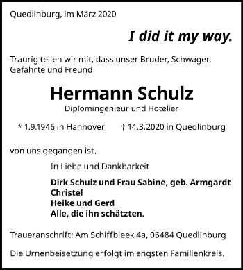 Traueranzeige von Hermann Schulz von Super Sonntag Quedlinburg