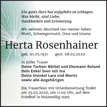 Traueranzeige von Herta Rosenhainer von Mitteldeutsche Zeitung Bitterfeld