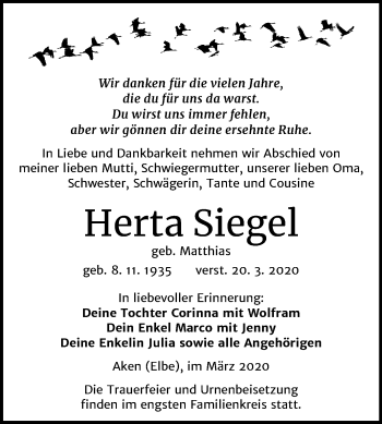 Traueranzeige von Herta Siegel von Mitteldeutsche Zeitung Köthen