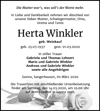 Traueranzeige von Herta Winkler von Super Sonntag Sangerhausen