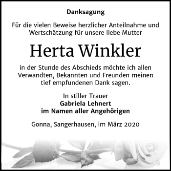 Traueranzeige von Herta Winkler von Mitteldeutsche Zeitung Sangerhausen