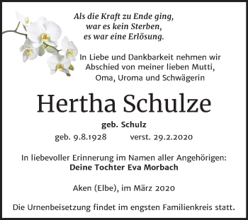 Traueranzeige von Hertha Schulze von Mitteldeutsche Zeitung Köthen