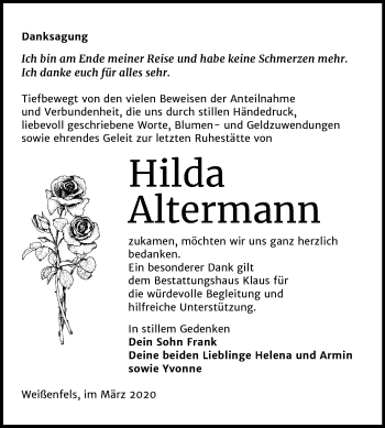 Traueranzeige von Hilda Altermann von Wochenspiegel Weißenfels