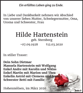 Traueranzeige von Hilde Hartenstein von Mitteldeutsche Zeitung Weißenfels