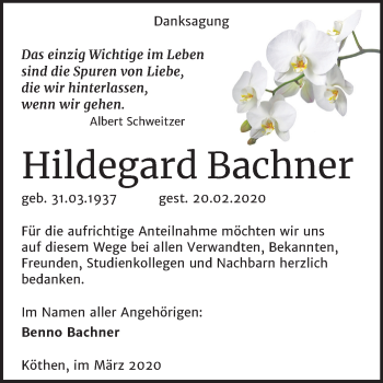 Traueranzeige von Hildegard Bachner von Mitteldeutsche Zeitung Köthen