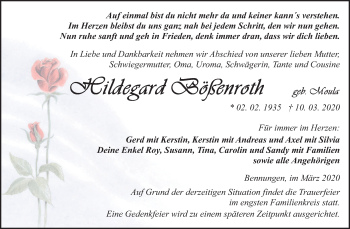 Traueranzeige von Hildegard Bößenroth von Super Sonntag Sangerhausen