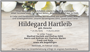 Traueranzeige von Hildegard Hartleib von Wochenspiegel Mansfelder Land