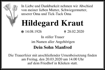 Traueranzeige von Hildegard Kraut von Super Sonntag Wittenberg