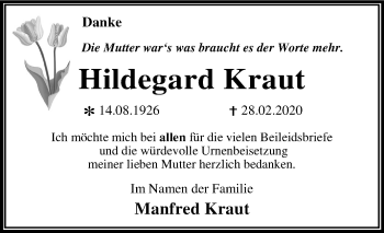 Traueranzeige von Hildegard Kraut von Super Sonntag Wittenberg