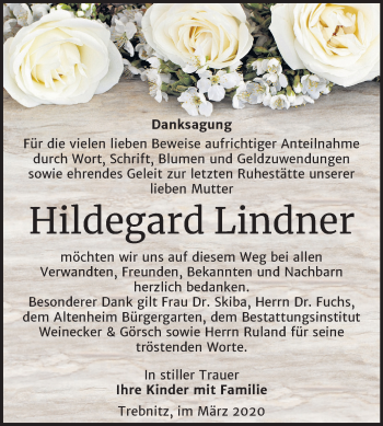 Traueranzeige von Hildegard Lindner von Mitteldeutsche Zeitung Bernburg