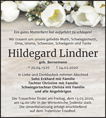 Traueranzeige von Hildegard Lindner von Super Sonntag Bernburg