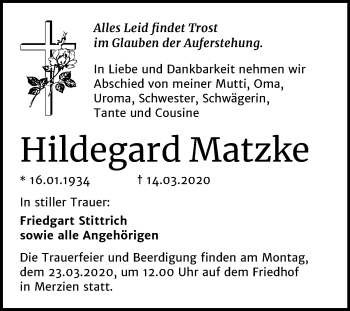Traueranzeige von Hildegard Matzke von Super Sonntag Köthen