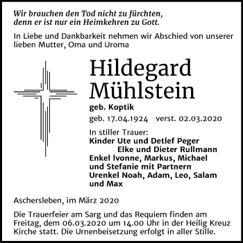 Traueranzeige von Hildegard Mühlstein von Mitteldeutsche Zeitung Aschersleben