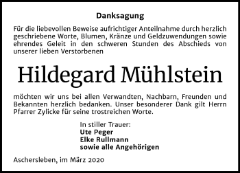Traueranzeige von Hildegard Mühlstein von Mitteldeutsche Zeitung Aschersleben