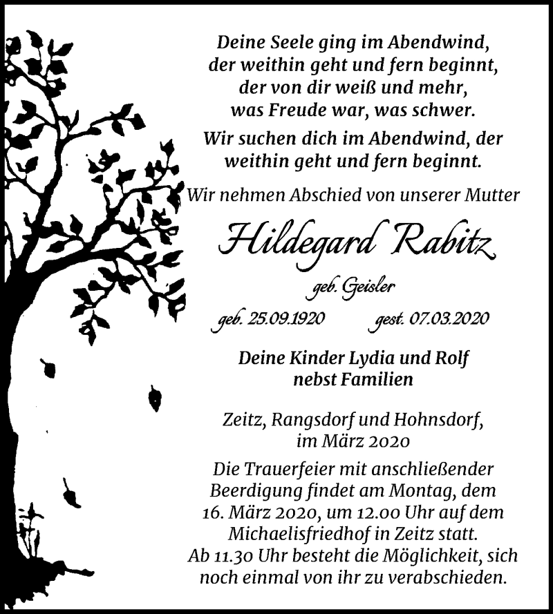  Traueranzeige für Hildegard Rabitz vom 14.03.2020 aus Super Sonntag Zeitz