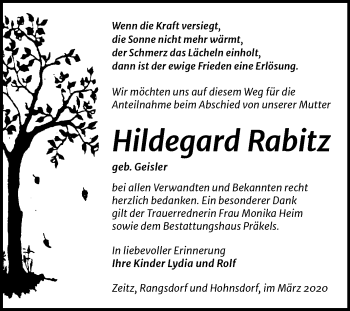 Traueranzeige von Hildegard Rabitz von Super Sonntag Zeitz