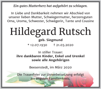 Traueranzeige von Hildegard Rutsch von Mitteldeutsche Zeitung Halle/Saalkreis