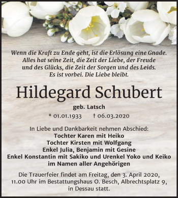 Traueranzeige von Hildegard Schubert von Super Sonntag Dessau-Roßlau