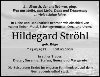 Traueranzeige von Hildegard Ströhl von Mitteldeutsche Zeitung Halle/Saalkreis