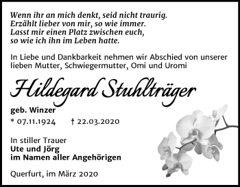Traueranzeige von Hildegard Stuhlträger von Super Sonntag Merseburg/Querfurt