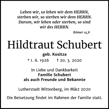 Traueranzeige von Hildtraut Schubert von Mitteldeutsche Zeitung Wittenberg