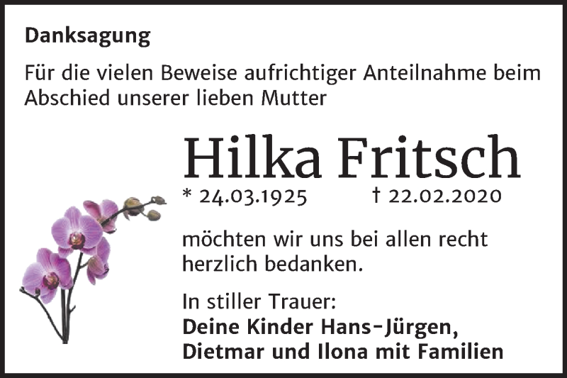  Traueranzeige für Hilka Fritsch vom 21.03.2020 aus Super Sonntag Merseburg/Querfurt