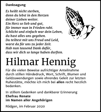 Traueranzeige von Hilmar Hennig von Mitteldeutsche Zeitung Bitterfeld