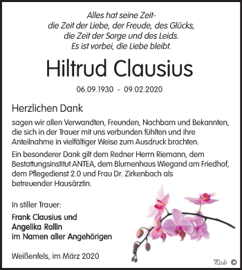Traueranzeige von Hiltrud Clausius von Wochenspiegel Weißenfels