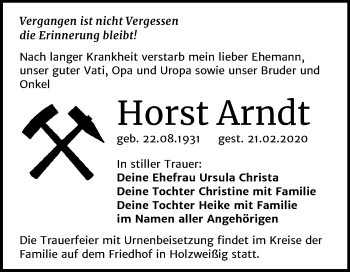 Traueranzeige von Horst Arndt von Mitteldeutsche Zeitung Bitterfeld