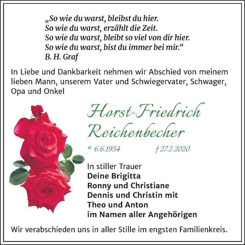  Traueranzeige für Horst-Friedrich Reichenbecher vom 07.03.2020 aus Mitteldeutsche Zeitung Merseburg/Querfurt