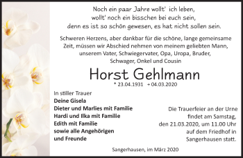 Traueranzeige von Horst Gehlmann von Super Sonntag Sangerhausen