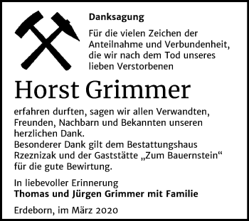 Traueranzeige von Horst Grimmer von Super Sonntag Mansfelder Land