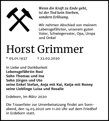 Traueranzeige von Horst Grimmer von Super Sonntag Mansfelder Land