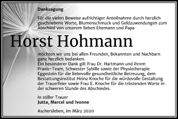 Traueranzeige von Horst Hohmann von Super Sonntag Aschersleben