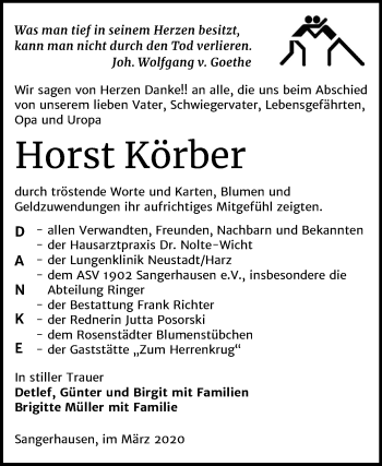 Traueranzeige von Horst Körber von Super Sonntag Sangerhausen