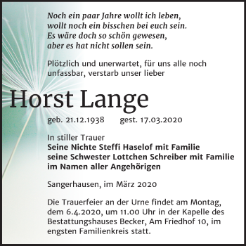Traueranzeige von Horst Lang von Mitteldeutsche Zeitung Sangerhausen