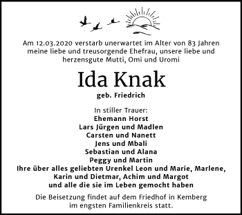 Traueranzeige von Ida Knak von Super Sonntag Wittenberg