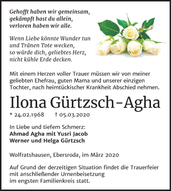 Traueranzeige von Ilona Gürtzsch-Agha von Mitteldeutsche Zeitung Naumburg/Nebra