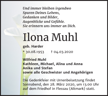 Traueranzeige von Ilona Muhl von Mitteldeutsche Zeitung Halle/Saalkreis
