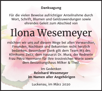 Traueranzeige von Ilona Wesemeyer von Mitteldeutsche Zeitung Zeitz