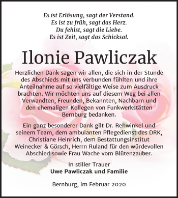 Traueranzeige von Ilonie Pawliczak von Mitteldeutsche Zeitung Bernburg